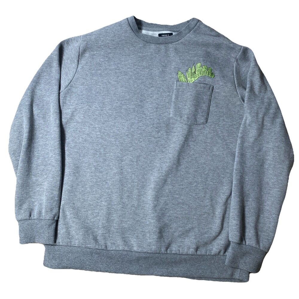 Forever 21 Men’s XL Gray Sweatshirt City Skyline Pocket Embroidery Pullover
